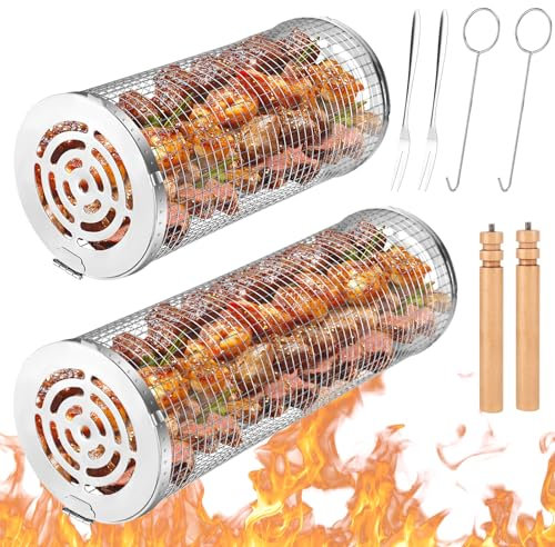 Farerkass Set di Cestini per Grigliare, 2 Pezzi Cestello per Grigliate Rotanti, Cesto per Barbecue Acciaio Inox con Maniglia, Accessori per Barbecue All Aperto per Verdure