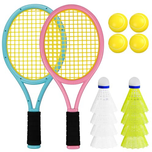 JOAASU Raqueta Tenis Niño, Raqueta de Tenis para niños con Bolsa de Transporte, con 4 Pelotas Suaves y 8 Volantes de bádminton, RaquetasdeTenis para Interior Exterior Infantil (Azul+Rosa)