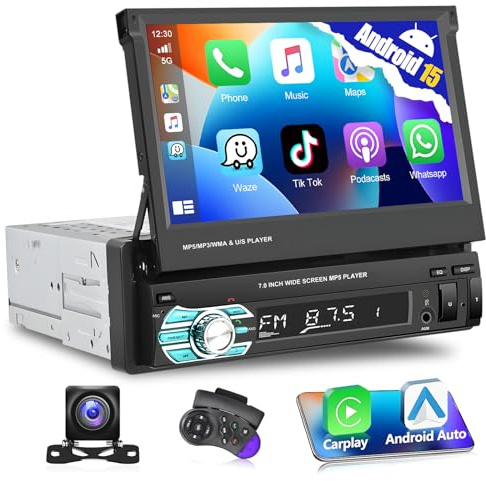 Motorsi Autoradio 1DIN A-pple CarPlay Radio, 7-Zoll-HD-Touchscreen Bluetooth Auto Radio mit Android Auto, AUX， Mirror Link, Lenkradfernbedienung, FM, AHD-Rückfahrkamera