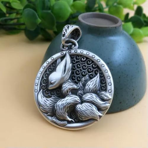 Neunschwänziger Fuchs Kitsune 999 Silber Anhänger Halskette Glücksschmuck-22-23 g