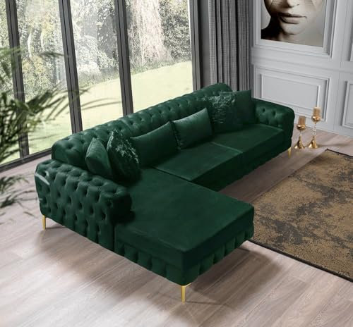 Snooze Luxury Chesterfield Seater Plush Velvet L-Shaped Corner Sofa – Deep Button-Tufted Design with Elegant Gold Metal Legs – Chaise Lounge Couch (Green Plush, 5 Seater (Left Hand side))