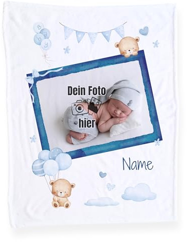 GRAZDesign Personalisierte Babydecke mit Namen und Foto Jungen Baby Geschenke für Neugeborene Kuscheldecke aus Fleece
