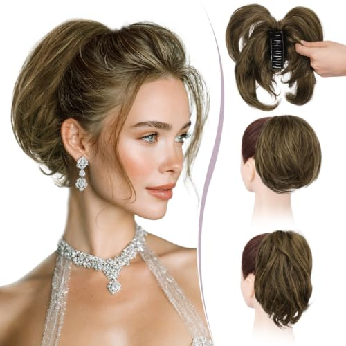 RUWISS Coda Capelli Extension con Pinza, Coda Finta Umani Capelli Corti con Metalli Pieghevoli 22cm Dritto Chignon Capelli Veri per Donna, Marrone Scuro e Marrone Chiaro