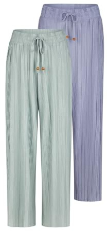 DENIMFY Palazzo Hose Damen Sommer 7/8 Culotte DFBrenda 2er Pack Set Hohe | Taille Weites Bein Sommerhose Stoffhose Knöchellang Elastische Taille Taschen Einfarbig Schwarz Grün Beige Blau S M L XL XXL