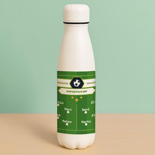 Transparent Gift Botella Campo de Futbol Personalizada. Regalo entrenador Original. Botella Acero. Regalo para Deportistas. Botella Nombres Equipo.