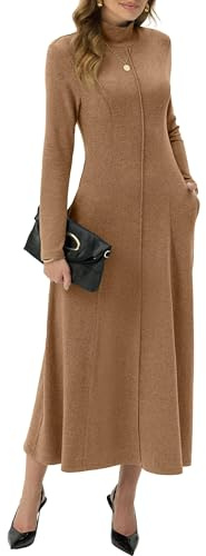 GRECERELLE Womens Maxi Dress Turtleneck Long Sleeve Fall Winter Elegant Casual Daily Work Date Lounge Stretchy Long Dresses for Ladies with Pockets