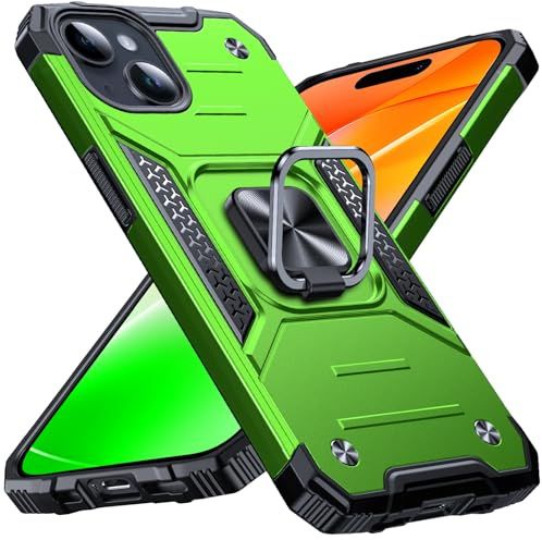 Anqrp Heavy Duty Case for iPhone 15 Case with Enhanced Ring Holder Grip Stand, Military Grade Shockproof Rugged Drop Protective Silicone Hard iPhone 15 Phone Case Cover, Grass Green