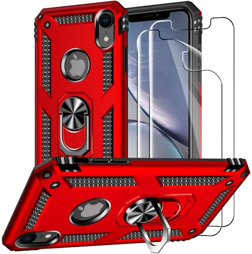 Jihucase for iPhone XR Phone Cases with Screen Protector:[Military Grade Drop Tested] Ring Holder Kickstand Shockproof Anti-Slip Protective Phone Case for iPhone XR 6.1- Red