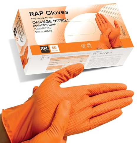 RAP Gloves 50 Orange Nitrile Heavy Duty Gloves XXL, Diamond Grip Mechanic | 8 mil extra thick, diamond grip, latex and powder free, EN ISO 374 Type B, virus protection, AQL 1.5, CE and UKCA