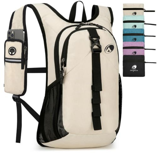 Outplea 15L Faltbar Wanderrucksack Herren Damen, Kleiner Leichter Rucksack Tagesrucksack mit Telefonfach, Faltbarer Wasserdichter Freizeit Rucksack Trekkingrucksack zum Wandern Outdoor, Beige