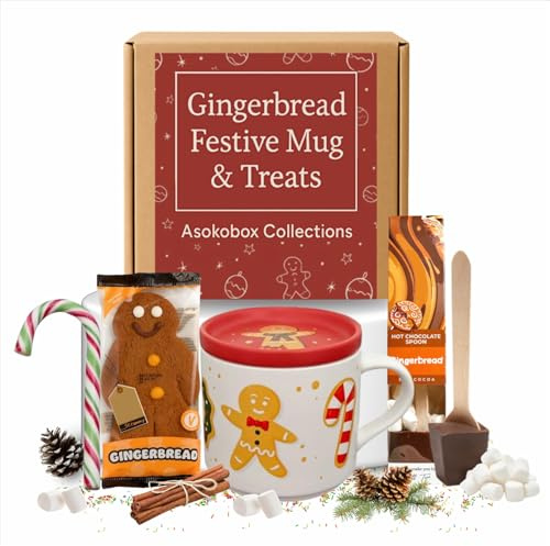 Christmas Gingerbread Gift Set - Festive Hot Chocolate Mug with Gingerbread Man Biscuit, Candy Cane & Hot Chocolate Marshmallow Spoon - Cosy Christmas Treat Box for Her, Him, Ideal for Gifting
