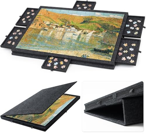 Tilting Jigsaw Puzzle Board 2-in-1 Stand & Cover, Lightweight Felt Puzzle Table for Up to 1000 Pieces with 6 Drawers, Portable Jigsaw Puzzle Board for Adults