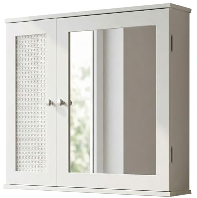 FineBuy Armoire de Toilette Murale Blanche 60cm - Meuble de Salle de Bain Mural avec 1 Porte Miroir - Armoire Suspendue de Salle de Bain Design Rotin avec Porte Miroir