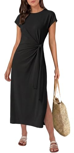 GRECERELLE Women's Summer Midi Dress with Tie Waist Casual Short Sleeve A-Line Flowy Dresses for Women UK (Black, L)
