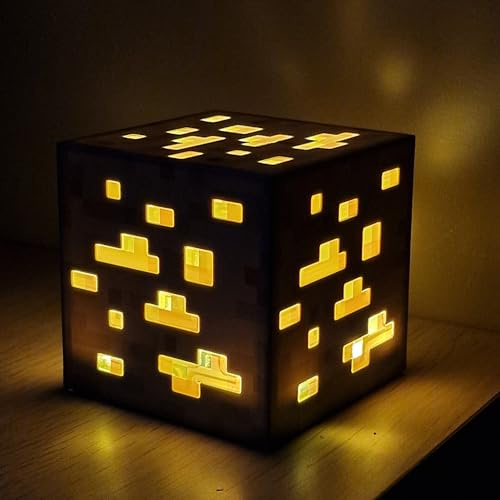 PixelLumens LED Cube Miner Lamp - Red Night Light for Gamers - Energy Block Design for Bedroom and Gaming Setup - Geek Gift Idea and Video Game Fans (GOLD)
