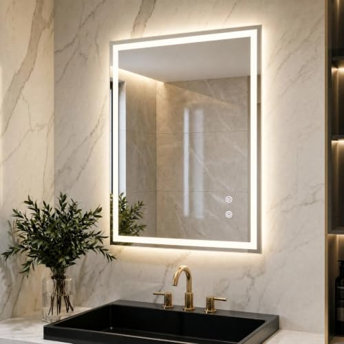 Clevich Rechteckiger LED Badspiegel mit Beleuchtung 80x60 cm, Anti-Beschlag | 3 Lichtfarben stufenlos dimmbar, Touch-Steuerung, 4mm gehärtetes Sicherheitsglas, Vertikale oder horizontale Wandmontage