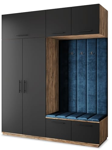 Masseno Flugarderoben Set Rema, Kleiderschrank-Set mit Sitzbank, Garderobenschrank Flur mit 5 Regalböden, Eiche Lefkas/Schwarz