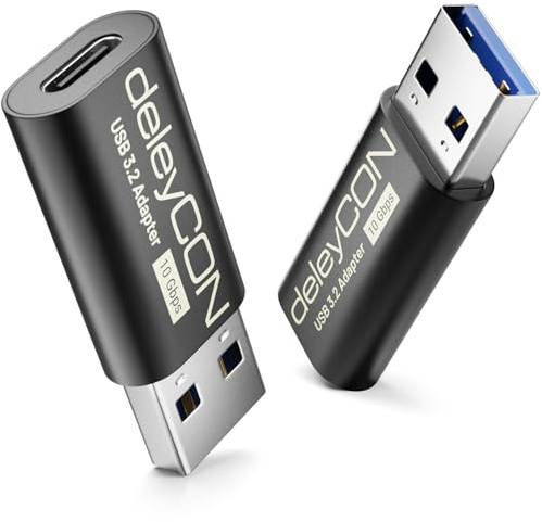 deleyCON USB-C Adapter 10Gbps Alugehäuse USB-C auf USB-A, 2 Stück | Für iPhone 17/16/15, iPad, Galaxy S26/S25/S24/S23, A57/A56/A16, PC, Laptop, Carplay und Ladegerät