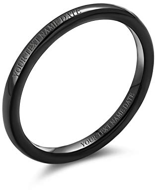 Bling Jewelry Personalisierter Dünner Stapelbarer Minimalistischer Einfacher Kuppel Schwarzer Paar Titan Ehering 2MM Individuell Graviert