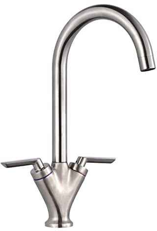 Brushed Nickel Kitchen Tap Dual Lever Hapilife Vintage Kitchen Mixer Taps 1 Hole with 360 Swivel Spout Monobloc Sink Taps Mixer Faucet Brushed Steel