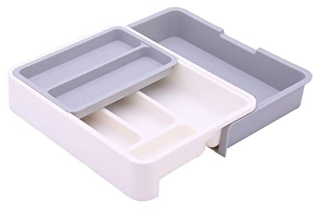 HornTide 3-in-1 Cutlery Tray Expandable Utensils Holder Plastic Kitchen Drawer Organizer for Silverware Storage and More - Gray