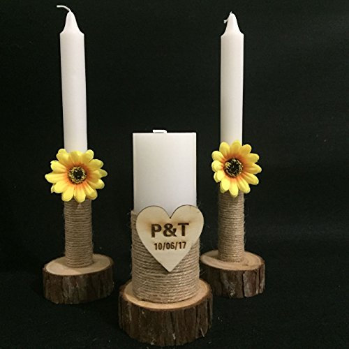 mylifemylove Rustikale Hochzeitskerzen mit Holzkerzenhalter, personalisierbare Hochzeitskerzen mit Sonnenblume, rustikale Hochzeitskerzen (Sonnenblume)
