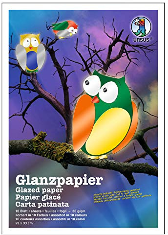 Ursus 8240099 - Glanzpapier gummiert, Bastelmappe mit 10 Blatt in verschiedenen Farben, ca. 23 x 33 cm, 80 g/qm, einseitig Bedruckt, für vielseitige und kreative Bastelarbeiten, bunt