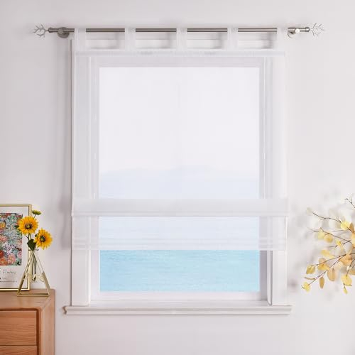 ESLIR Raffrollo mit Schlaufen Raffgardinen Gardinen Küche Transparent Schlaufenrollo Vorhänge Modern Voile Weiß BxH 45x155cm 1 Stück