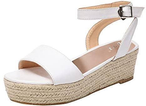 OverDose Sandales Espadrilles Compensées Femme Talon Plateforme Bride Cheville, Été Mode Bout Ouvert Boucle Chaussures Dorées Blanche