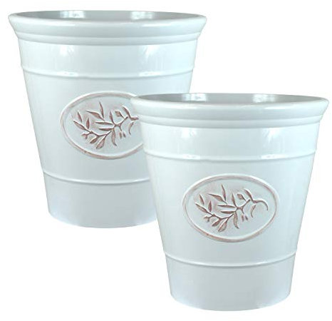 Country Style Gloss Plastic Planter - White, Set of 2-23cm (H) x 23cm (Dia) - Suitable for Indoor or Outdoor Use.