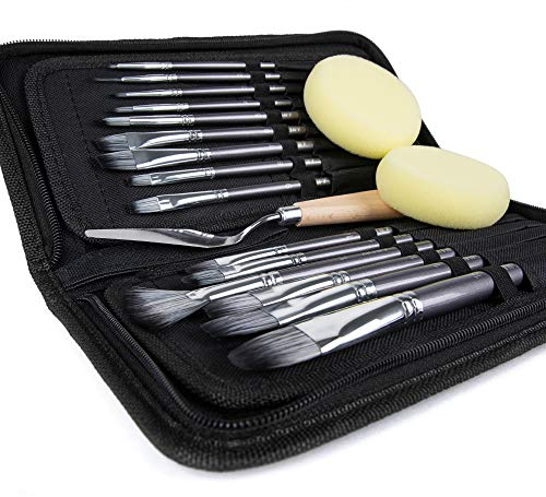 Artify 15 pcs Paint Brush Set for Acrylic Oil Watercolour Gouache Painting Includes Pop-up Carrying Case with Palette Knife and 2 Sponges - Grey