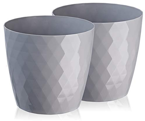 TYMAR Pot de Fleurs, Pot de Plantes en Plastique, Lot de 2, Forme Ronde, Cache-Pot (12 cm, Gris)