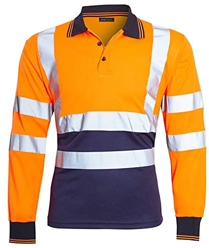 shelikes Mens Hi Vis Viz High Visibility Reflective Tape Safety Polo Contrast Long Sleeve Workwear Tee Tshirt Top Orange/Navy