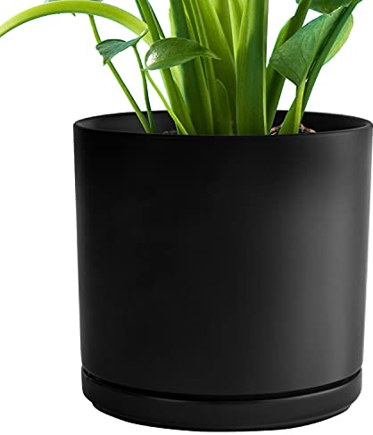 UMIAMOY Pot de Fleurs cylindrique Moderne en céramique Mate de 20,3 cm avec Trou de Drainage et Soucoupe, Pot de Fleurs pour Plantes d'intérieur et d'extérieur - Noir