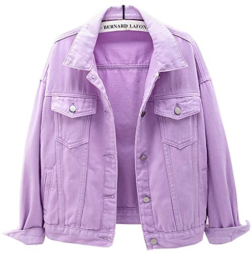 WINKEEY Femme Veste en Jean Vintage Coloré Blouson en Jean Mi-Saison Manches Longues, Violet M