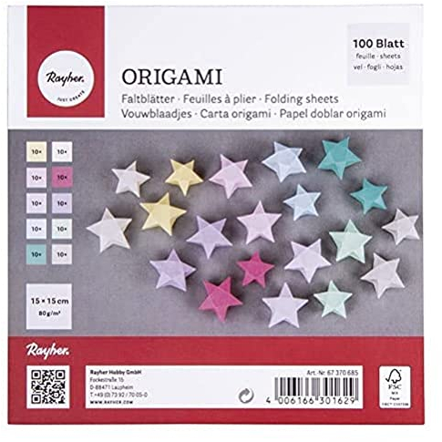 Rayher Origami-Faltblätter, 100 Blatt sortiert, 15 x 15 cm, 80g/m2, FSC zertifiziert,10 Farben beidseitig, Pastelltöne, Bastel-Faltpapier für Kinder und Erwachsene, 67370685