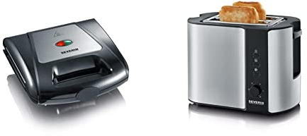 SEVERIN Sandwich-Toaster, 3-in-1 Funktion, 1.000 W, SA 2968, EDS-geb./ schwarz & Automatik-Toaster, Toaster mit Brötchenaufsatz, Auftauen und Erwärmen, 800 W, Edelstahl-gebürstet/schwarz, AT 2589