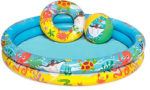 Tradineur - Piscina Hinchable Infantil de 2 Aros,viniloresistente, válvula de Seguridad. Incluye: Piscina, Pelota y Flotador. 122 x 20 cm. (Diámetro x Alto)