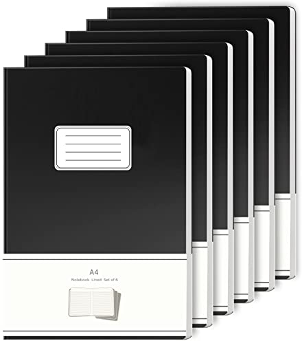 JiaWei 6 Stück Notizbuch A4 Liniert, 32 Blatt 64 Seite, 80 g/m², Notizheft, Notizbücher, Augenschutz-Papier, Einband aus Schwarz Kunstdruckpapier