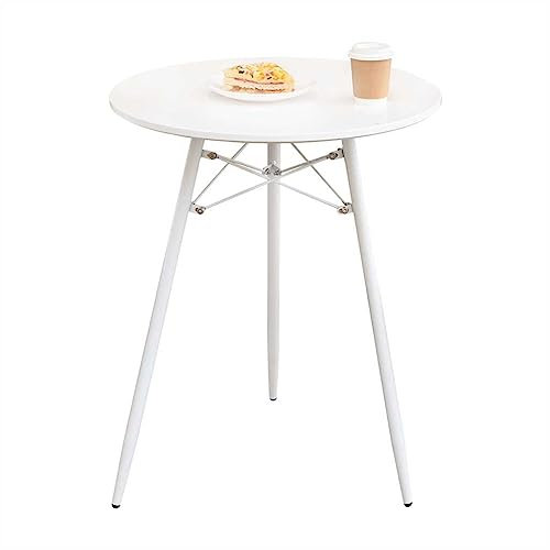 Mesa de comedor redonda pequeña diámetro 23.6 pulgadas patas de metal superior de madera, simple y moderno ocio para el hogar, cocina, cafetería, oficina, conferencias, 2 a 3 personas, blanco