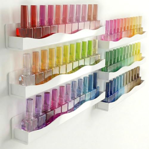 YMVV Estantes de esmalte de uñas de 15 pulgadas, estante montado en la pared, paquete de 6 organizadores de esmalte de uñas acrílico blanco, suministros de uñas para técnicas de uñas, gran exhibición
