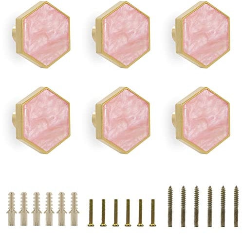 EVERGD 25mm Pure Copper Handle Shell Brass Gold Wardrobe Kitchen Cabinet Door Knobs Drawer Cupboard Hardware Pull Handle Clothes Coat Hook Modern Simple (Pink, 6)