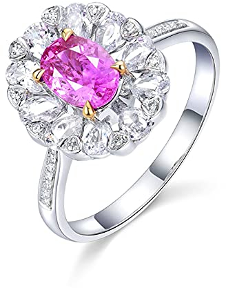 Bishilin Eheringe 750 Weißgold, Ring Damen Blume mit Rosa Saphir 1.06ct Verlobungsringe Hochzeitringe mit Diamant Gr.50 (15.9)