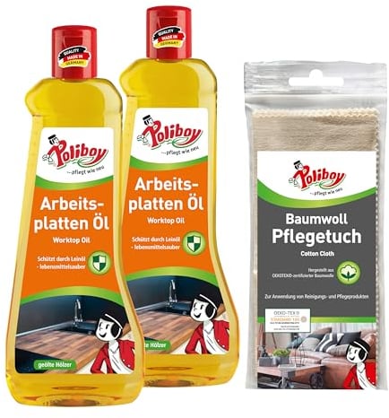 POLIBOY Arbeitsplattenöl - Holzöl für Massivmöbel - Öl zur Holzpflege und Holzschutz - 2x 500ml - Mit Baumwolltuch - Made in Germany