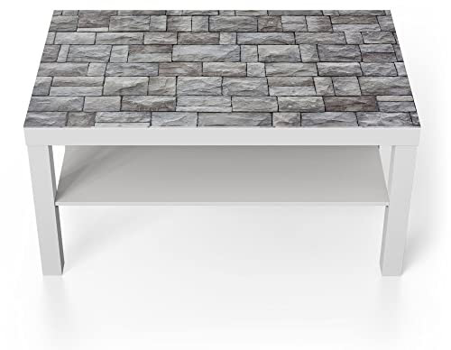 DEQORI Mesa de cristal | blanco grande 90 x 50 cm | diseño de pared de ladrillo inusual | mesa auxiliar de cristal brillante para el salón | moderna mesa de sofá con diseño