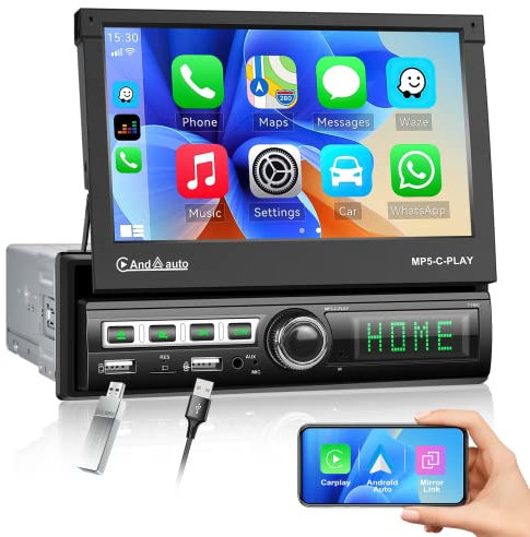 1 DIN Carplay Android Auto CAMECHO Autoradio 1 DIN avec écran rétractable motorisé 7 Pouces,Bluetooth Mains Libres FM Commandes au Volant, Support USB/AUX/TF+caméra arrière