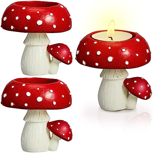 Tanlade Set mit 3 Pilz-Kerzenhaltern für Teelichter, Votivkerzen, Bauernhaus, Zuhause, Cottagecore-Dekoration