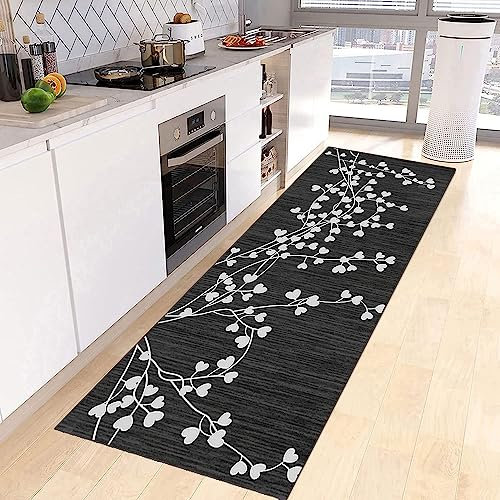 Siunwdiy Korridor Teppich Flur Läufer 80x420cm Blätter Muster Teppichmatten rutschfest Schwarzer Korridor Küchenteppich Waschbar Meterware Teppichläufer Lang Corridor Schlafzimmer Wohnzimmer