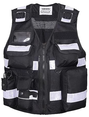 Pielini Sicherheitsweste Schutzweste Securityweste Einsatzweste Kennzeichnungsweste Arbeitsweste Multifunktionsweste Reflektierend 200 Schwarz + 2 Patch SECURITY