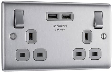 13A Double Socket - 2 USB 2.4A S/Steel
